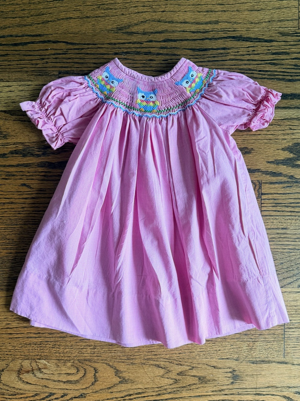 Classic Whimsy Pink Smocked Bishop Dress with Owl Embroidery, Size 12M